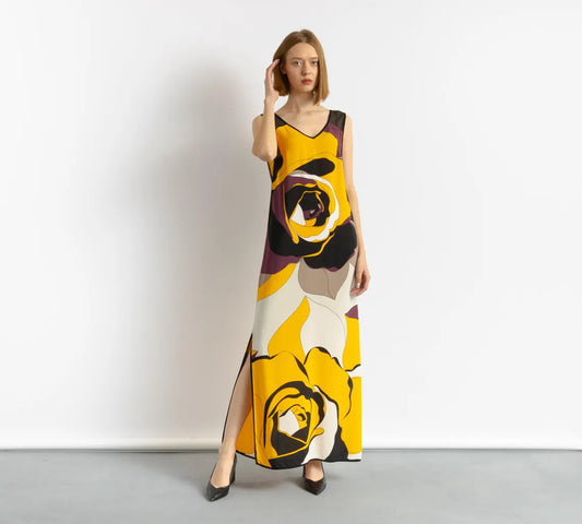 Maxikleid Flora | Ärmelloses Sommerkleid mit Blumenmuster in Gelb-Schwarz für Damen